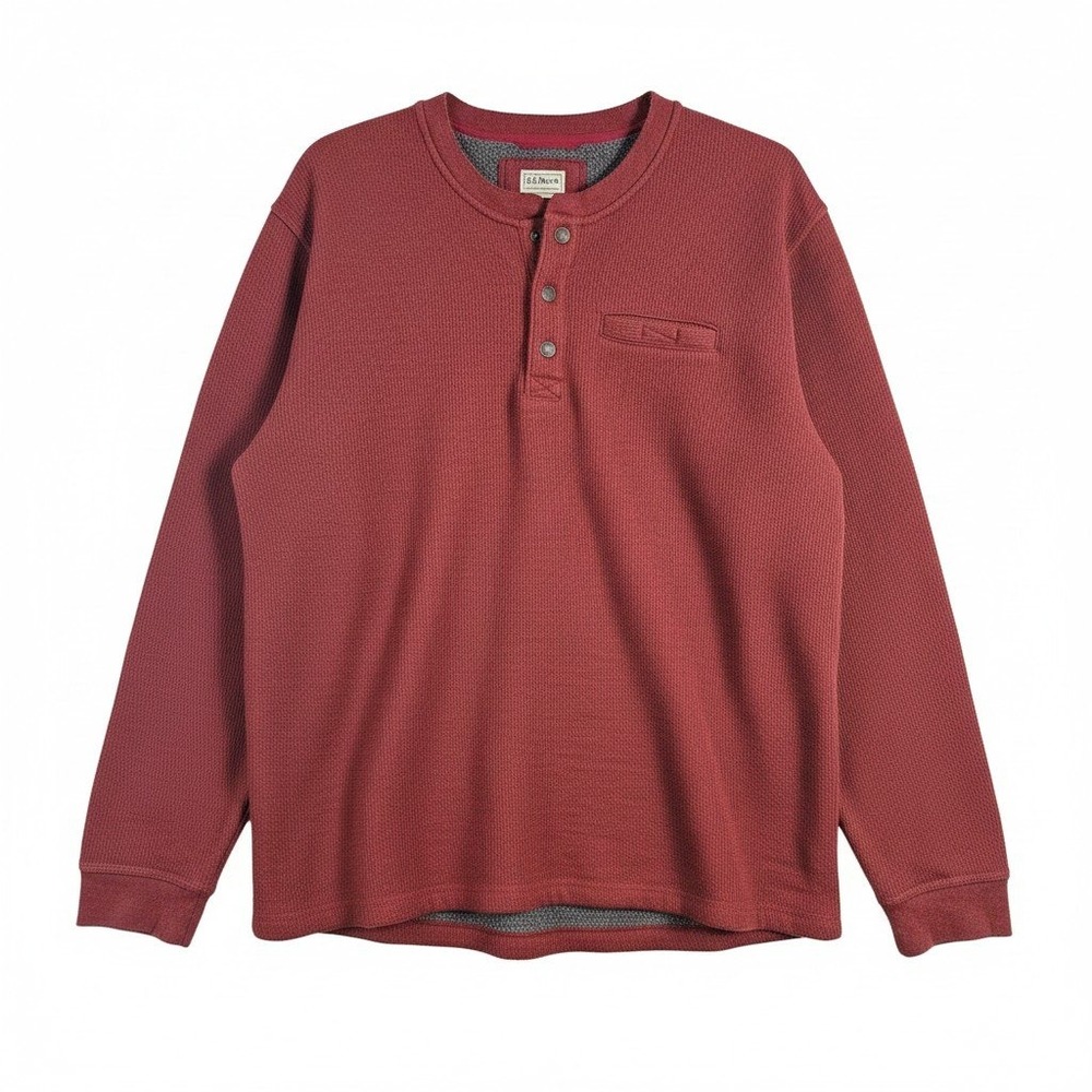 LL Bean Fleece Lined Waffle Knit Henley ShirtMens XXL Burgundy Red 298100